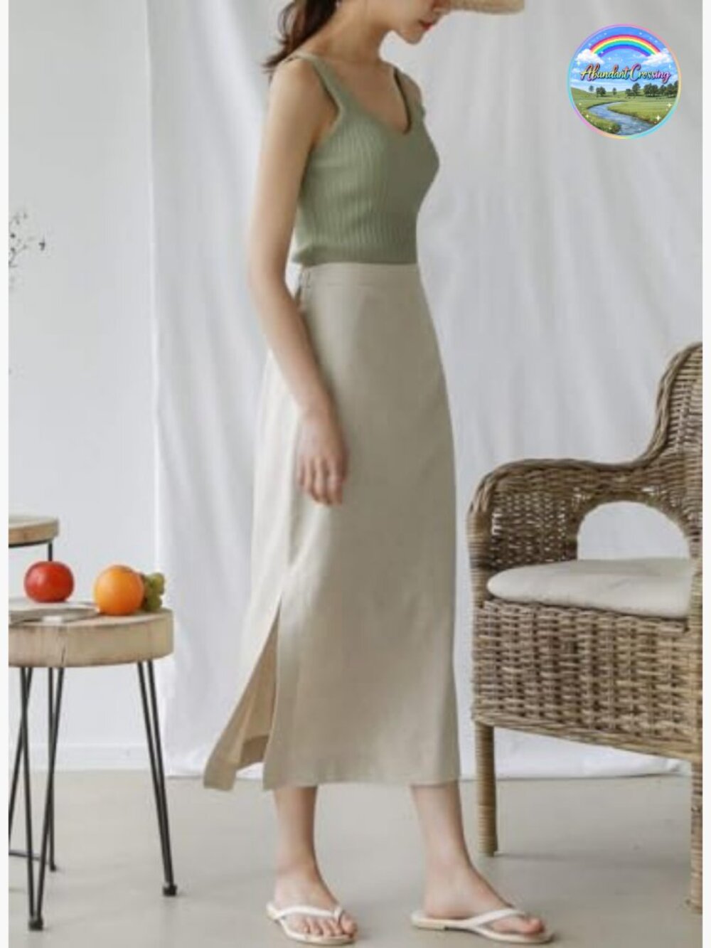 High Waisted Straight Cotton Linen Long Skirt with Slit - Picture 3 of 6